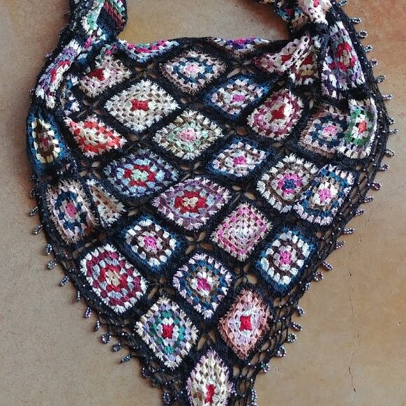Crocheted Colourful Granny Square Scarf Wrap with Beads - Picture 1 of 8